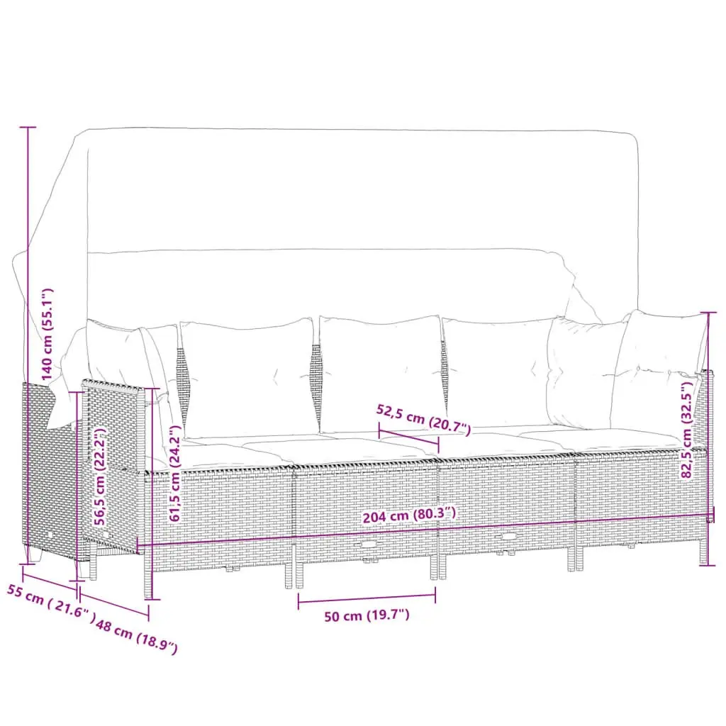 5 Piece Garden Sofa Set PE Rattan Grey with Retractable Canopy