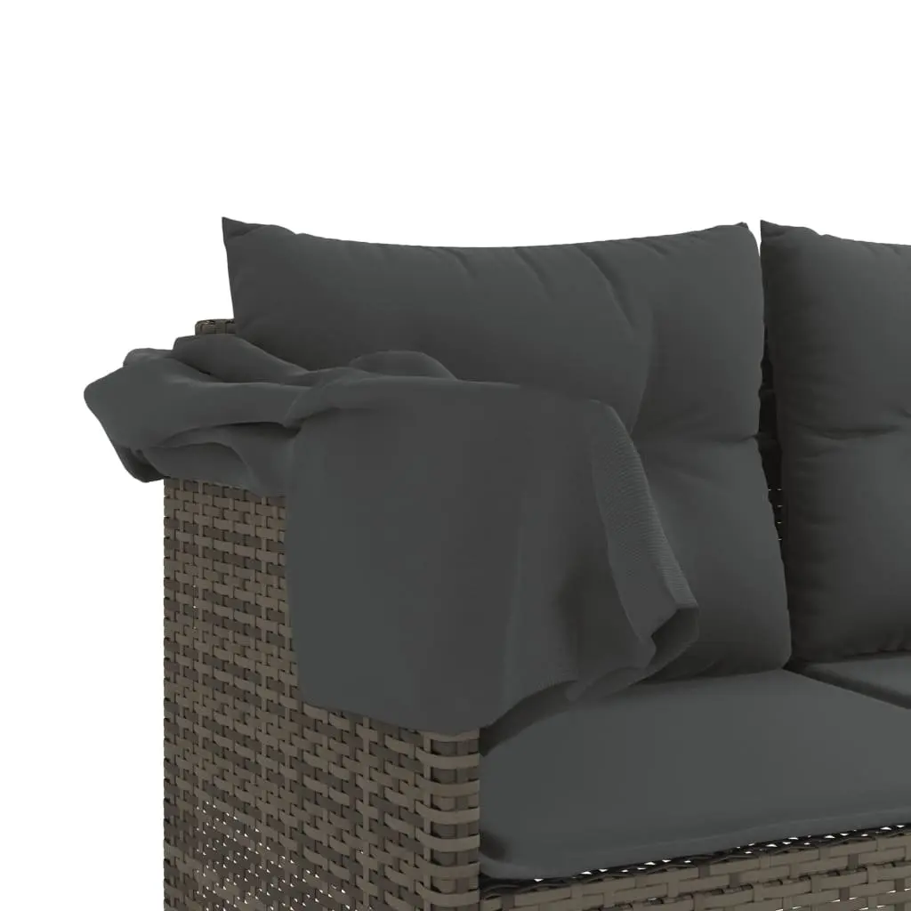 5 Piece Garden Sofa Set PE Rattan Grey with Retractable Canopy and Cushions