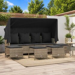 5 Piece Garden Sofa Set with Cushions Adjustable Backrest Footrest Grey Rattan