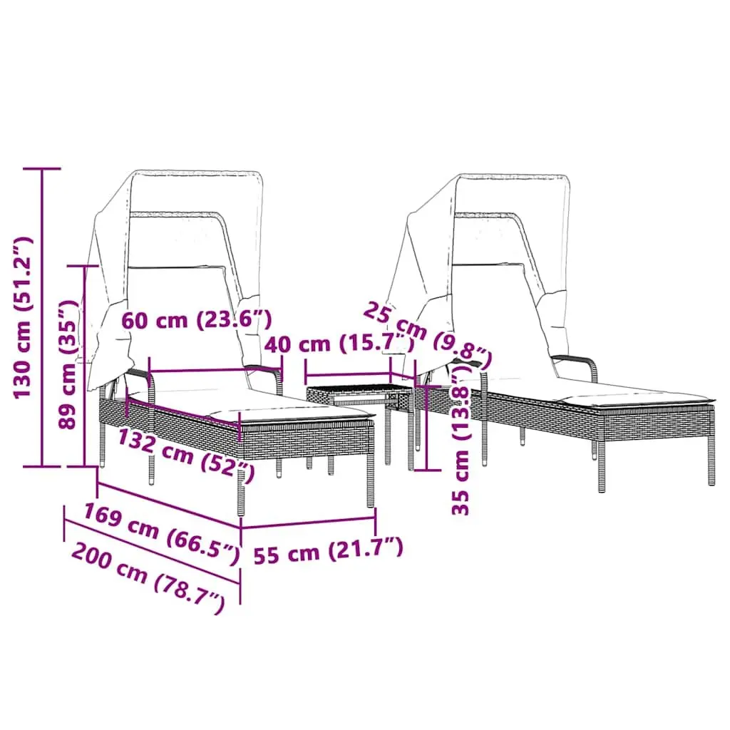 Sun Loungers Set with Canopies and Tea Table