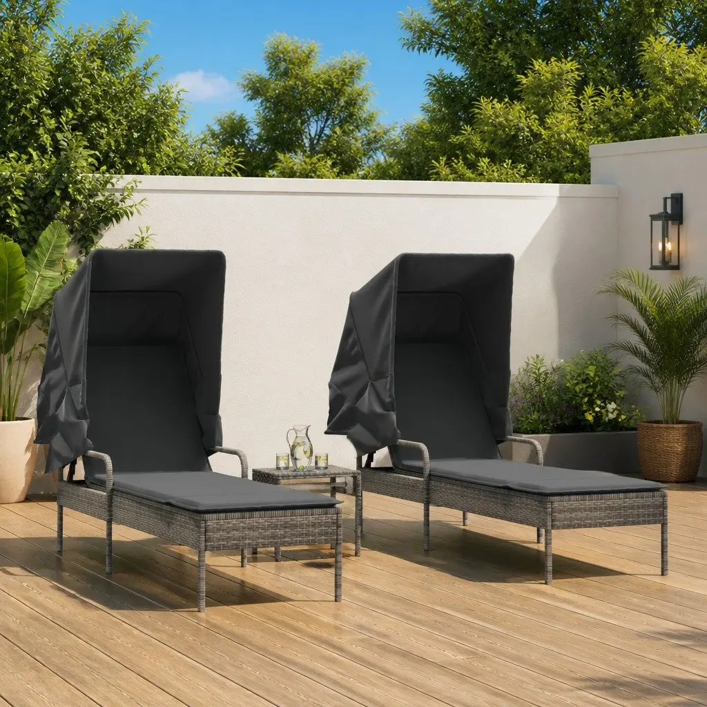 Sun Loungers PE Rattan 2 Pieces Grey with Retractable Canopies and Tea Table