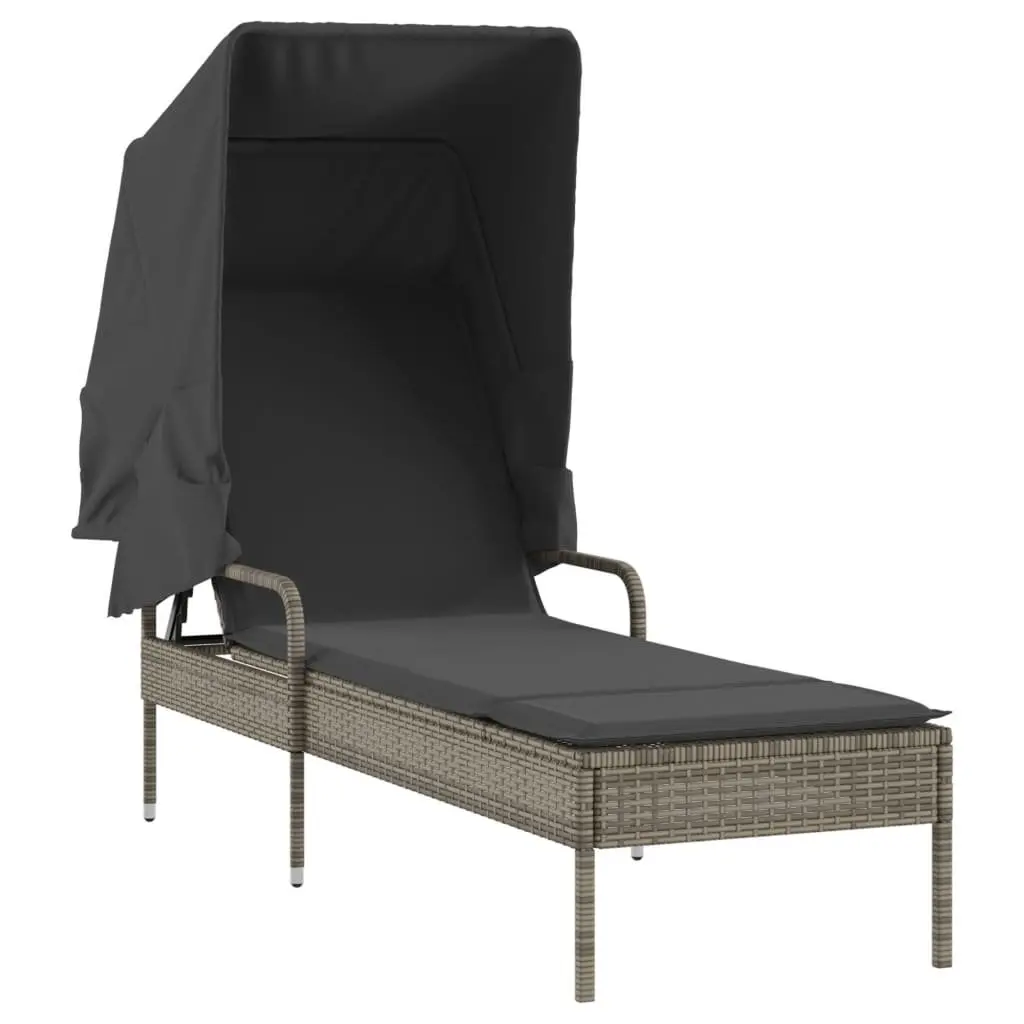 Sun Loungers PE Rattan 2 Pieces Grey with Retractable Canopies and Tea Table