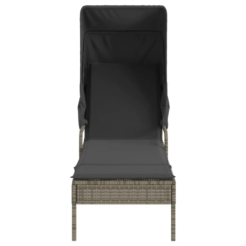 Sun Loungers PE Rattan 2 Pieces Grey with Retractable Canopies and Tea Table