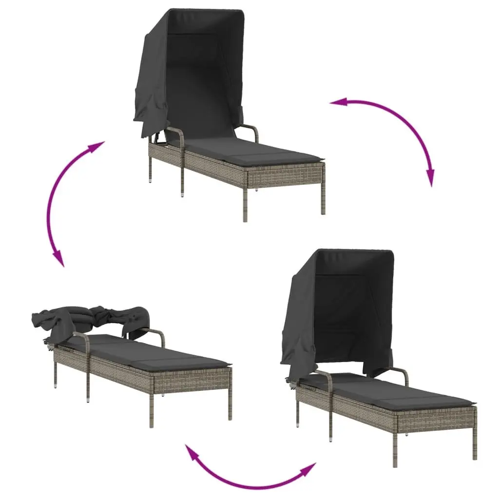Sun Loungers PE Rattan 2 Pieces Grey with Retractable Canopies and Tea Table