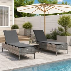 Sun Loungers 2 pcs Grey Cushions Garden Patio Outdoor Adjustable Backrest Seating