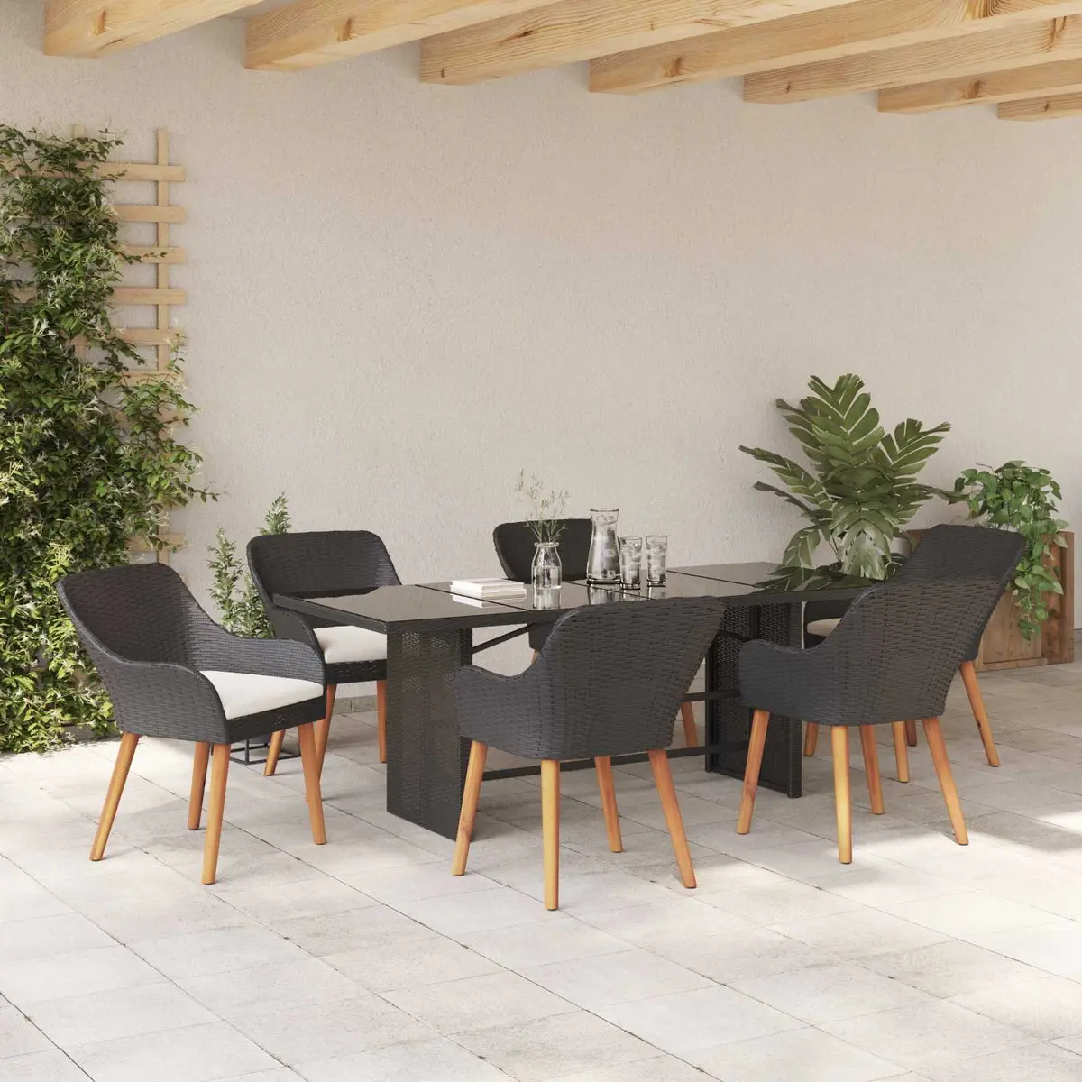 7 Piece Black Rattan Garden Dining Set