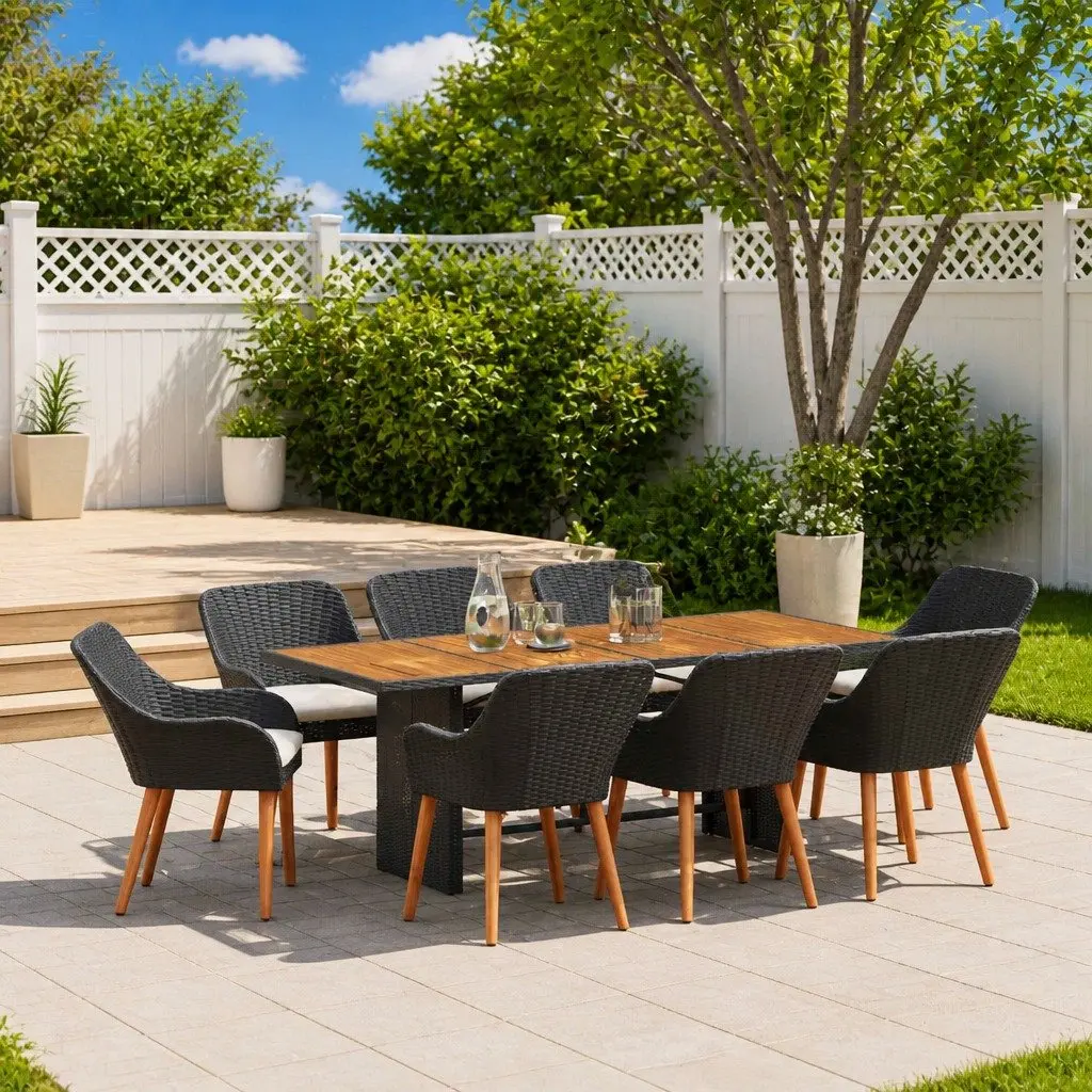9-Piece Garden Dining Set in Black Poly Rattan