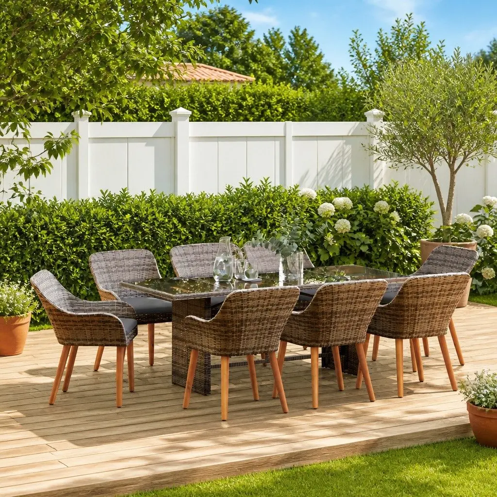 Outdoor Dining Set Poly Rattan 9 Piece Grey Table Chairs