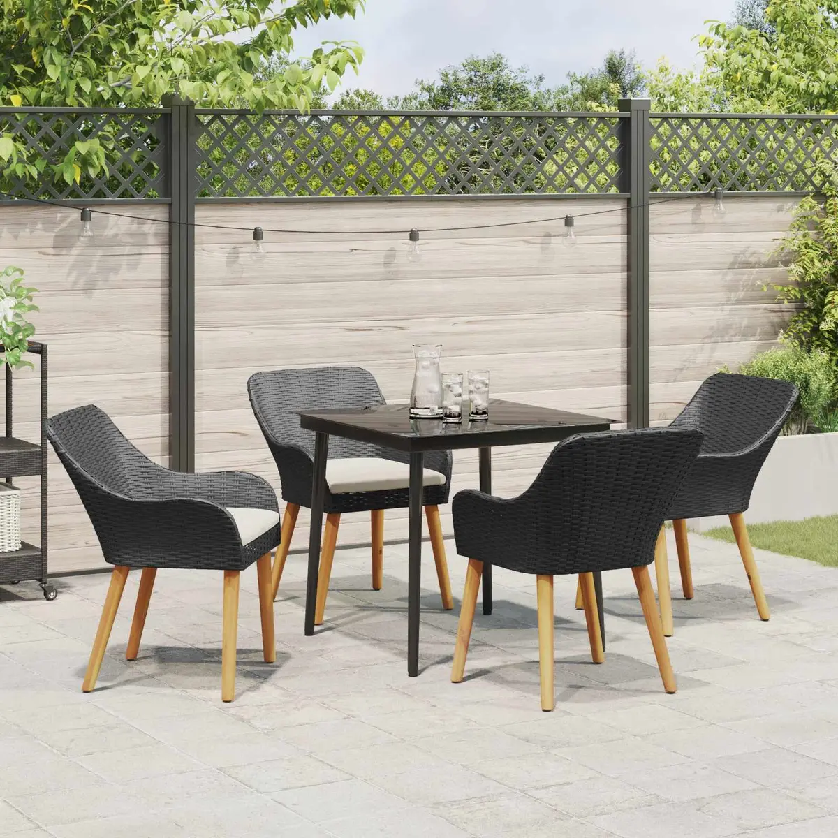 Poly Rattan Garden Dining Set 5 Piece with Cushions Black
