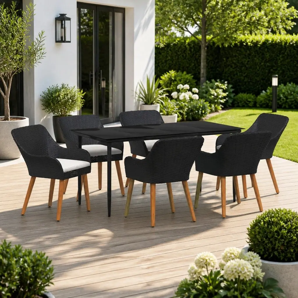 7-Piece Black Poly Rattan Outdoor Dining Set
