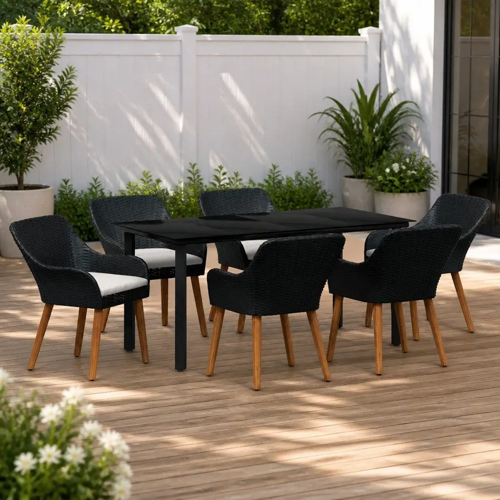 7 Piece Black Garden Dining Set with Cushions