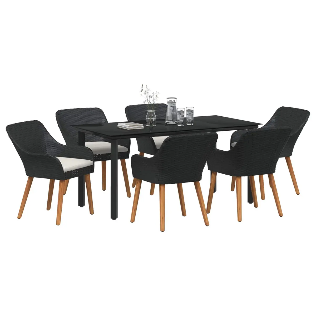 7 Piece Black Garden Dining Set with Cushions