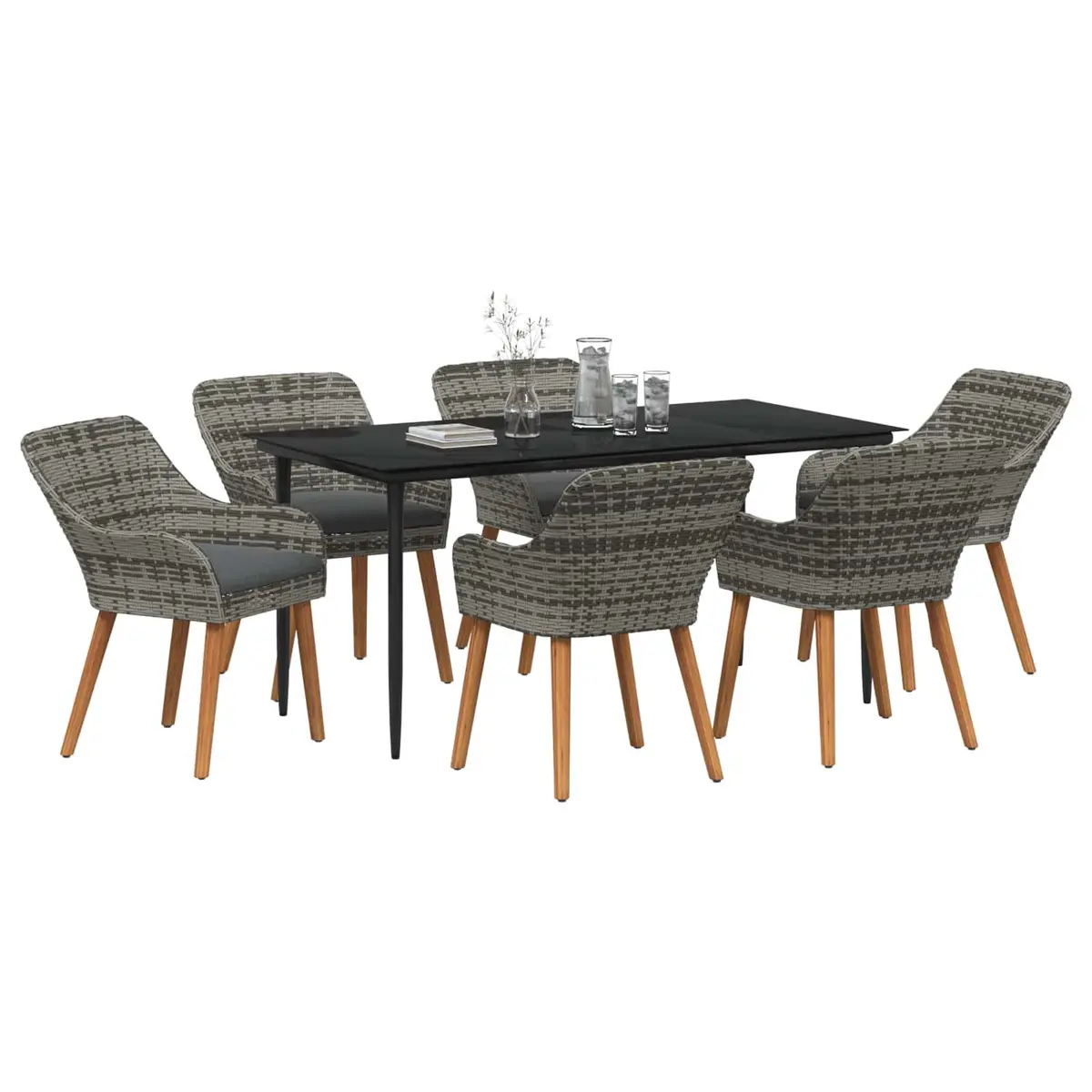 Poly Rattan Outdoor Dining Set Grey 7 Pieces with Cushions Tempered Glass Table