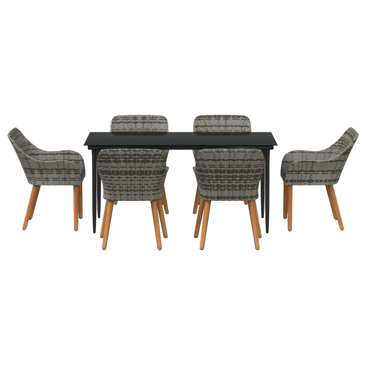 Poly Rattan Outdoor Dining Set Grey 7 Pieces with Cushions Tempered Glass Table