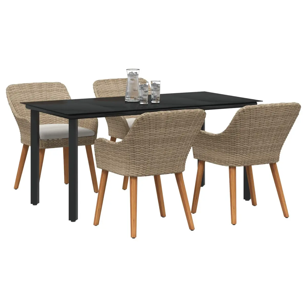 5 Piece Outdoor Dining Set Poly Rattan Beige Patio Table with Tempered Glass Top and Cushioned Chairs