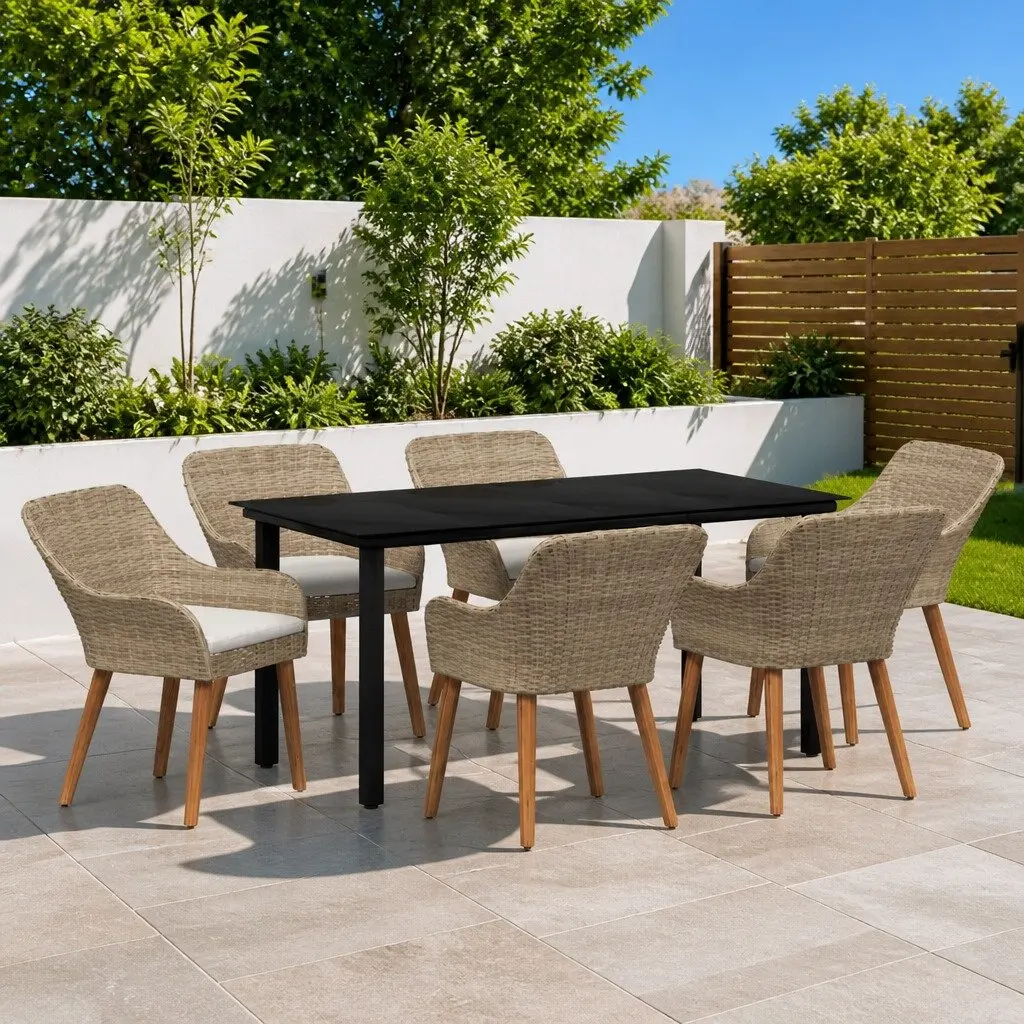 Garden Dining Set Poly Rattan 7 Piece Outdoor Patio Furniture Beige