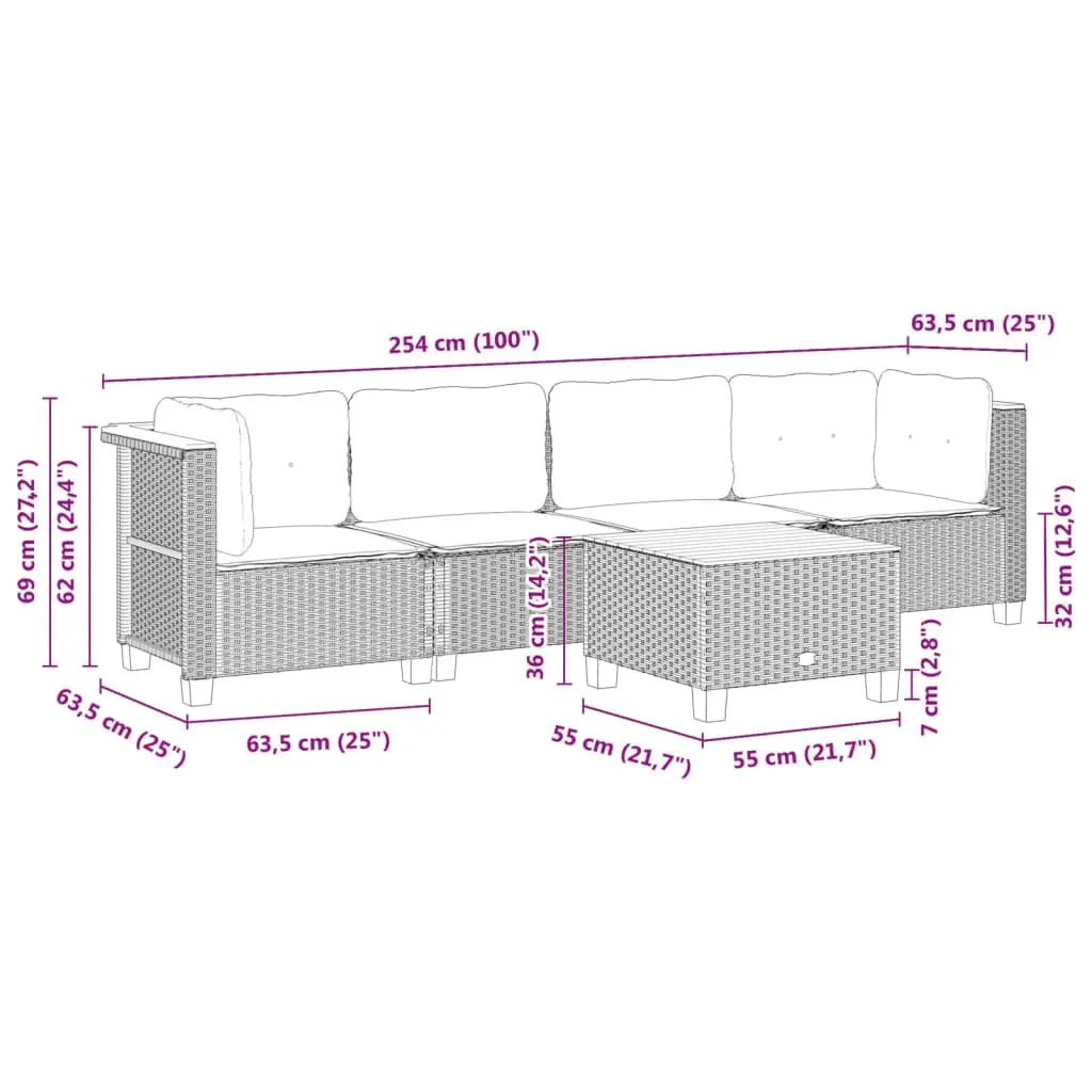 5-Piece Black Garden Sofa Set with Cushions