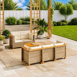 Beige 6-Piece Garden Sofa Set with Acacia Wood Table