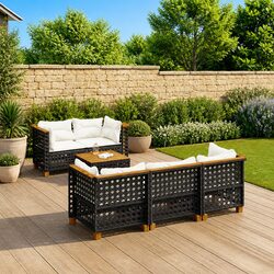 Black Modular Garden Sofa Set with Cushions - 6 Pieces