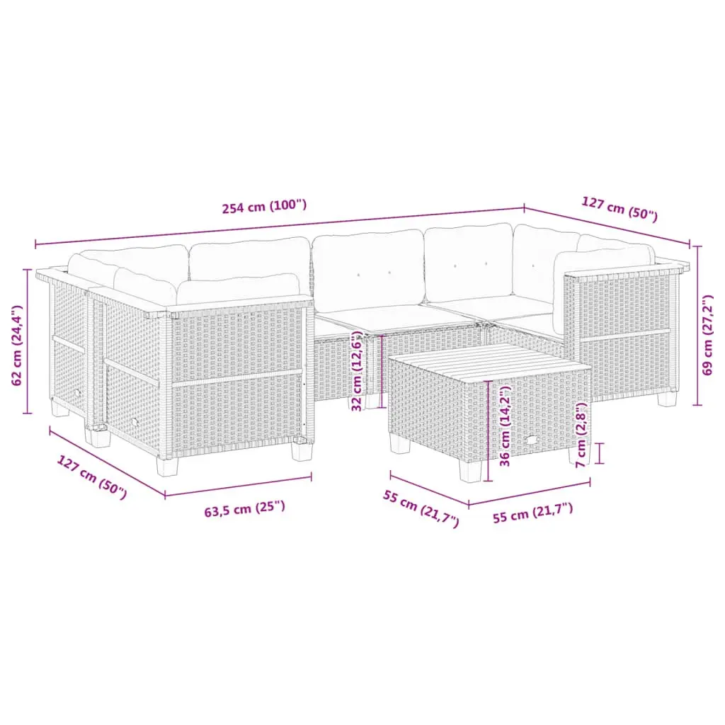 Garden Sofa Set PE Rattan 7 Piece Grey Outdoor Furniture with Cushions