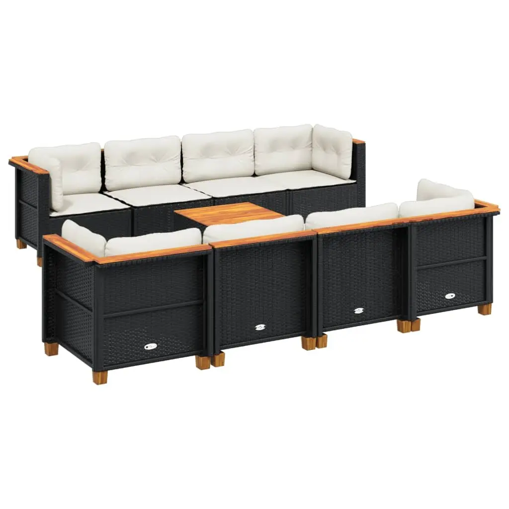 Garden Sofa Set PE Rattan 9 Piece Outdoor Furniture Acacia Wood Tabletop Black