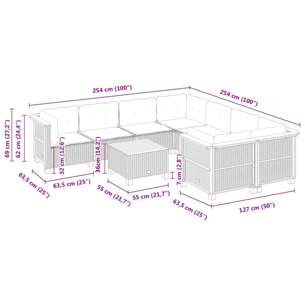 9-Piece Modular Garden Sofa Set with Cushions in Black