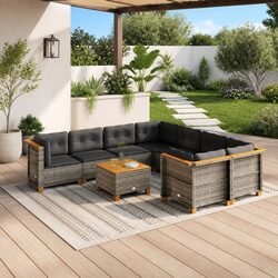 Durable 9 Piece Grey Garden Sofa Set with Acacia Table