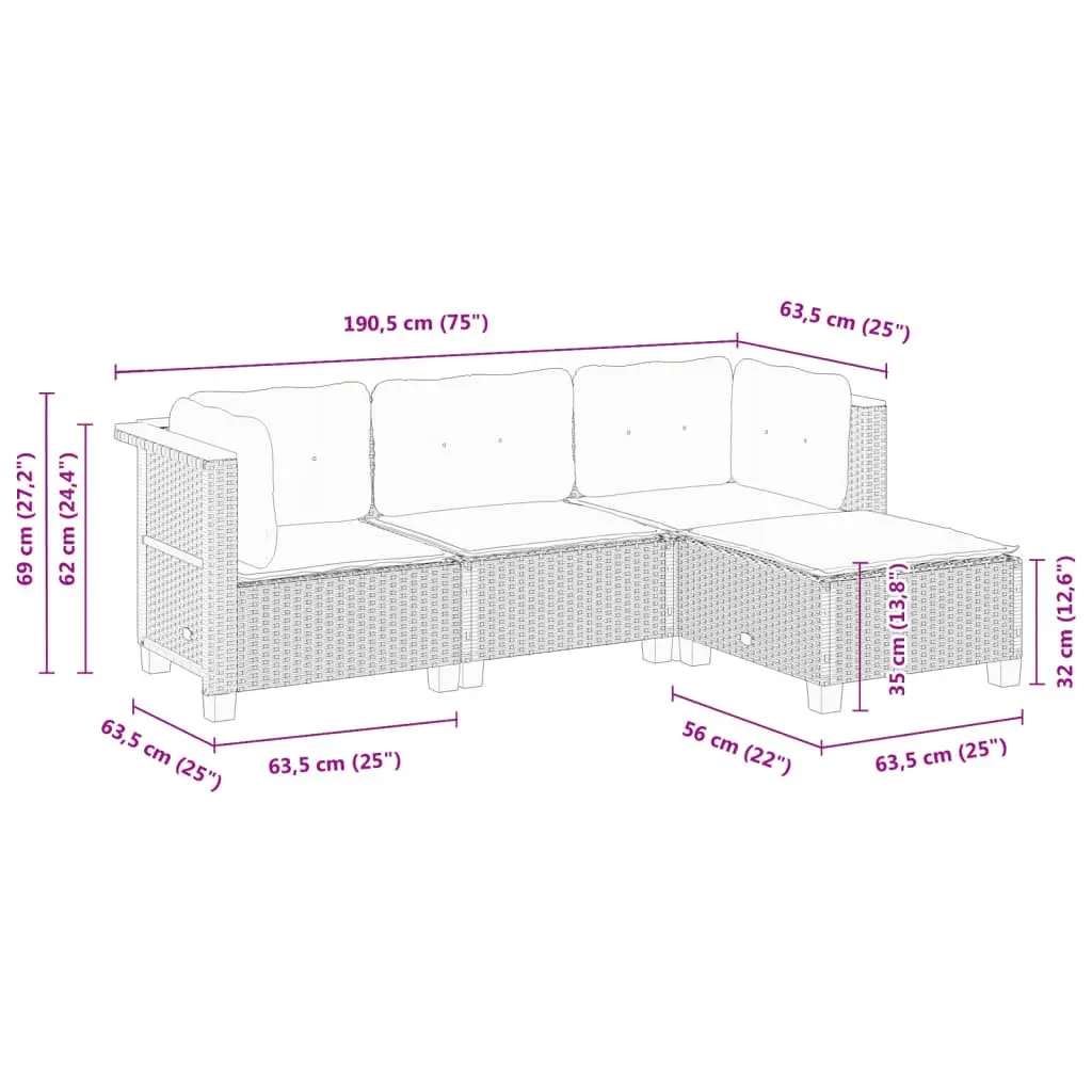 4-Piece Modular Garden Sofa Set with Grey Cushions