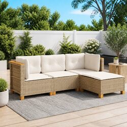 Beige Rattan 4-Piece Garden Sofa Set with Cushions