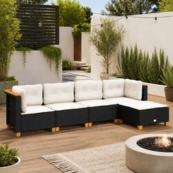 5 Piece Black Poly Rattan Outdoor Sofa Set with Cushions