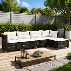 Premium 5 Piece Black Garden Sofa Set with Cushions