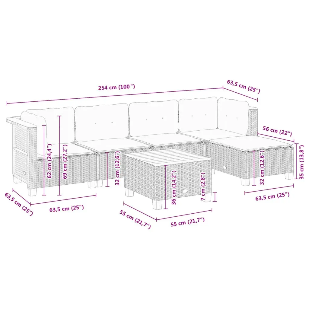 Garden Sofa Set PE Rattan 6 Piece Modular Outdoor Furniture Grey