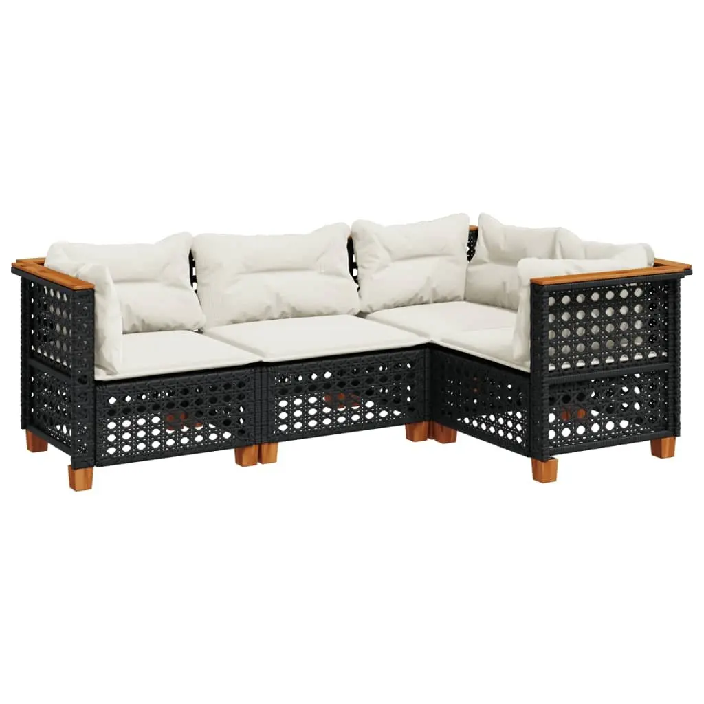 Outdoor Garden Sofa Set 4 Piece Black Poly Rattan Patio Furniture with Cushions
