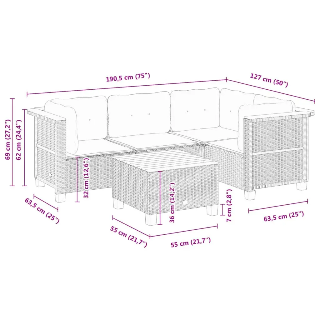 5-Piece Grey Outdoor Patio Sofa Set with Cushions
