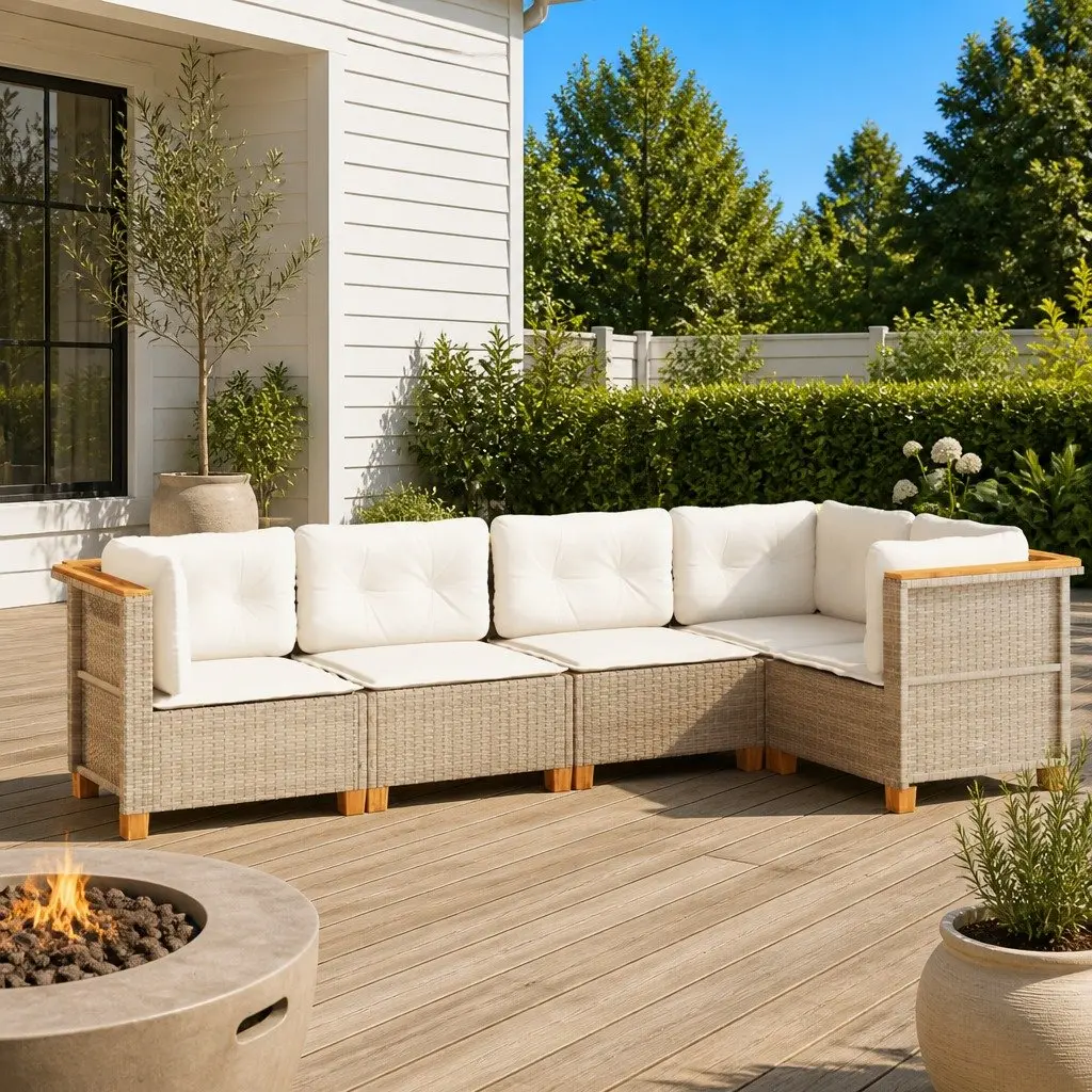 Garden Sofa Set PE Rattan 5 Piece Outdoor Furniture Patio Lounge Beige with Cushions
