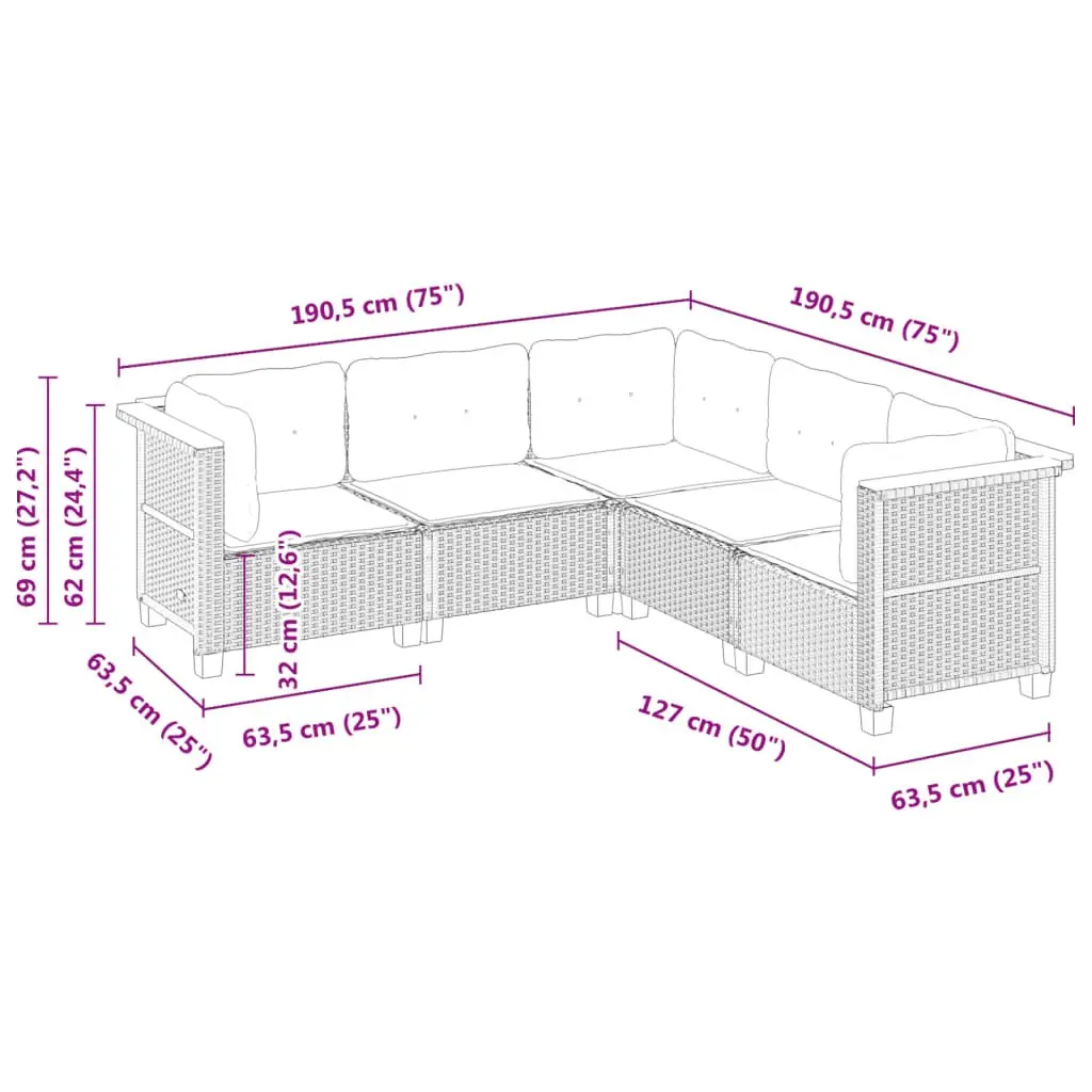 5 Piece Outdoor Garden Sofa Set PE Rattan Black with Cushions