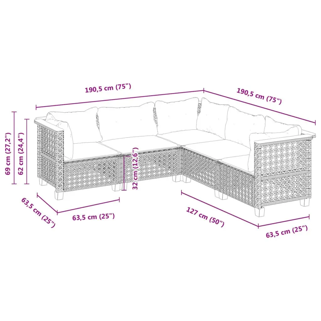5 Piece Grey Poly Rattan Garden Sofa Set for Patios