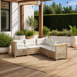 Beige Rattan 5-Piece Outdoor Garden Sofa Set with Cushions
