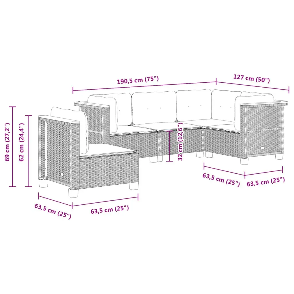 5 Piece Black Poly Rattan Outdoor Garden Sofa Set