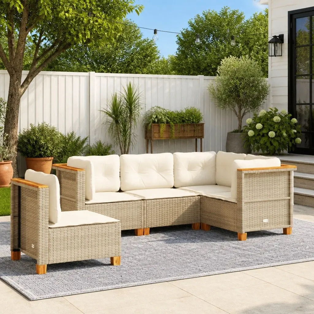 Garden Sofa Set PE Rattan 5 Piece Modular Outdoor Furniture with Cushions Beige