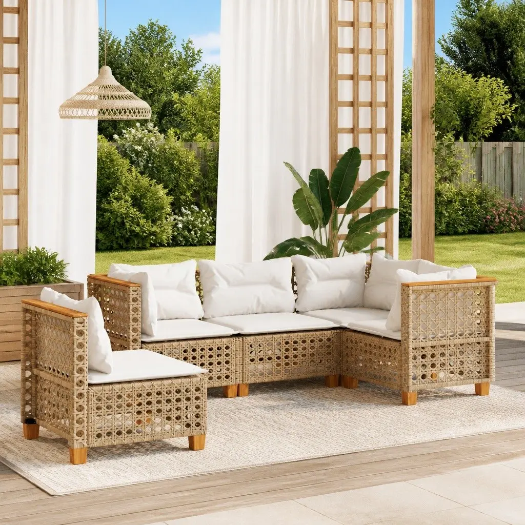 Garden Sofa Set PE Rattan 5 Piece Outdoor Furniture with Cushions Beige