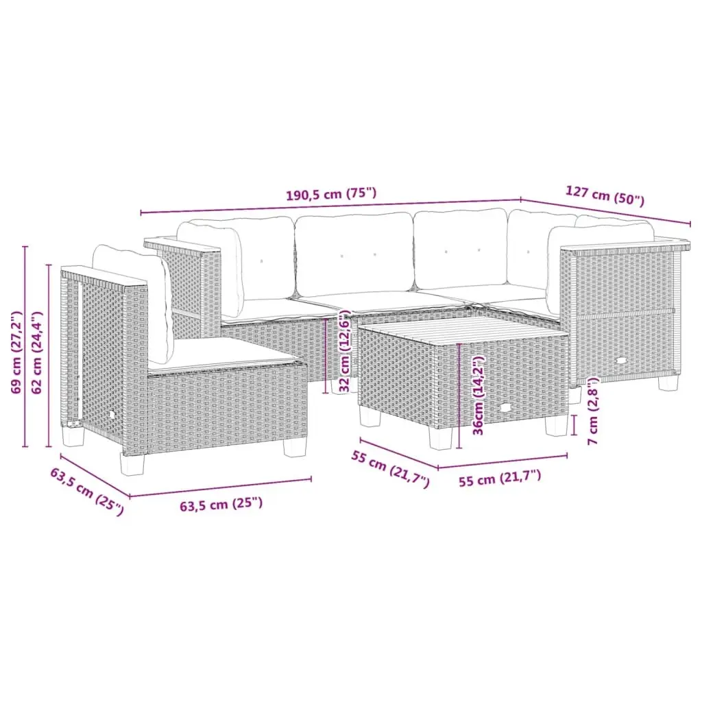 Garden Sofa Set Poly Rattan 6 Piece Modular Outdoor Furniture Grey