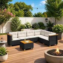 Durable 7 Piece Black Rattan Garden Sofa Set with Cushions