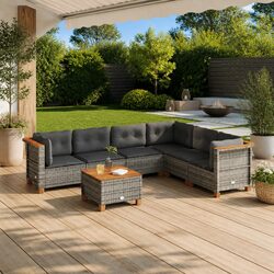 7 Piece Grey Rattan Sofa Set with Cushions for Outdoors