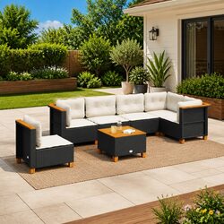 Quality 7 Piece Garden Sofa Set in Black with Cushions