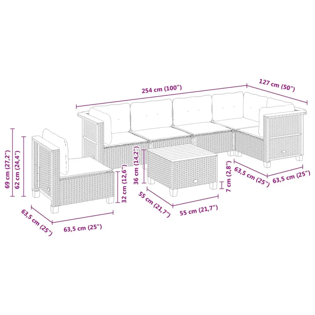 7 Piece Garden Sofa Set in Black with Cushions