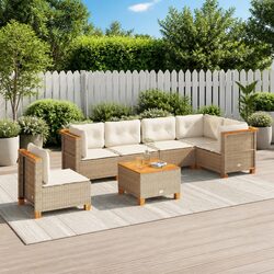 7-Piece Beige Poly Rattan Outdoor Sofa Set with Cushions