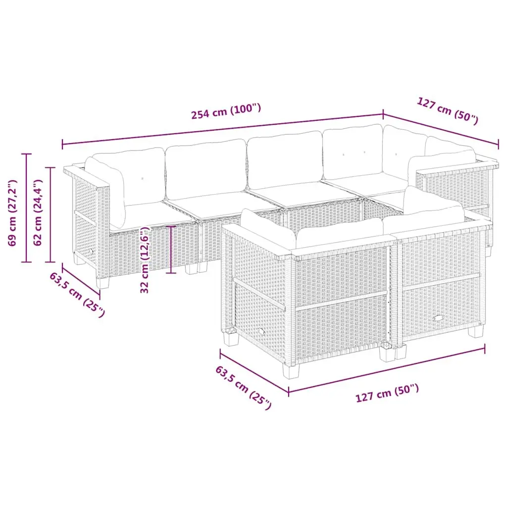 Black Modular 7 Piece Outdoor Sofa Set with Cushions