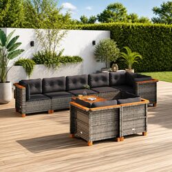 Durable 9-Piece Grey Poly Rattan Garden Sofa Set