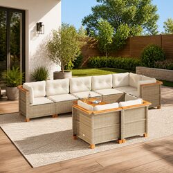 Durable 9 Piece Garden Sofa Set in Beige Poly Rattan